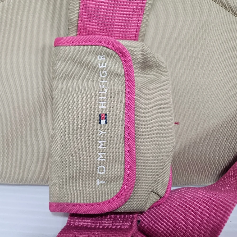Tommy Hilfiger Beige and Pink Sling Backpack with Front Bungee